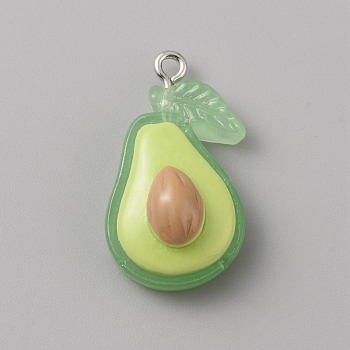 Translucent Resin Pendants, Fruits Charms with Platinum Tone Iron Loops, Avocado, 29x16.5x10.5mm, Hole: 2mm