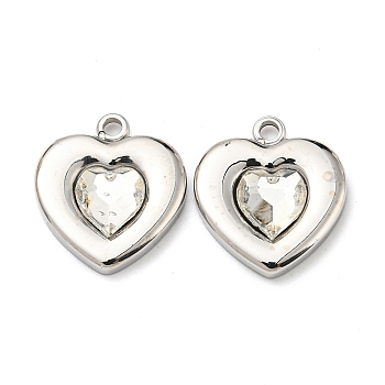 304 Stainless Steel Pendants, with Glass, Heart, Stainless Steel Color, 14.5x13x3.5mm, Hole: 1.6mm