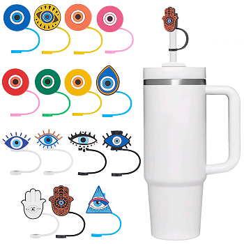 15Pcs 15 Style Evil Eye Theme Silicone Straw Cap, Dustproof Covers, Reusable Drinking Straw Tips Cap, Mixed Shapes, 81~90mm, Hole: 8mm, 1pc/style