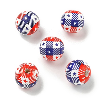 Printed Wood European Beads, Round, USA Flag Style, Midnight Blue, 15.5~16mm, Hole: 4~4.5mm