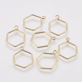 Brass Pendants, Nickel Free, Real 18K Gold Plated, Hexagon, 18x14x1mm, Hole: 1mm