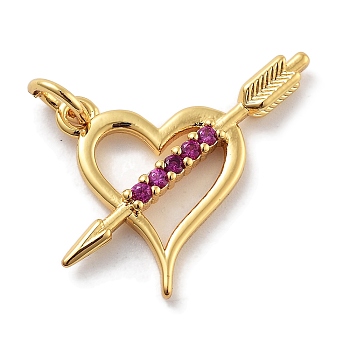 Rack Plating Brass Micro Pave Cubic Zirconia Pendants, Long-Lasting Plated, Lead Free & Cadmium Free, Heart with Arrow, Deep Pink, 16.5x24x2.5mm, Hole: 3mm