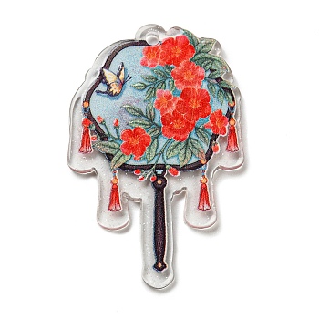 Transparent Acrylic Pendant, Fan with Flower Charm, Bird, 45x29x2mm, Hole: 2mm