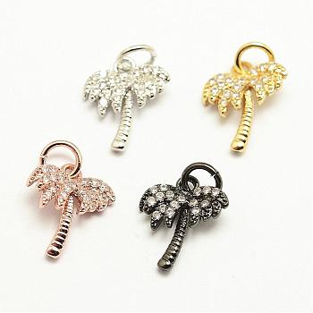 Brass Micro Pave Grade AAA Cubic Zirconia Charms, Coconut Tree, Cadmium Free & Nickel Free & Lead Free, Mixed Color, 14x10x3mm, Hole: 2mm