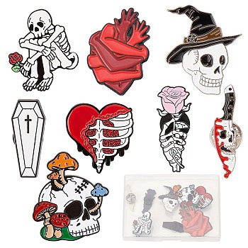 SUNNYCLUE 8Pcs 8 Style Gothic Skull & Heart & Rose & Coffin Enamel Pins, Alloy Badges for Backpack Clothes, Mixed Color, 26~35.5x7~30.5x1~2mm, Pin: 1~1.2mm, 1Pc/style