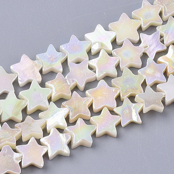 Freshwater Shell Beads Strands, AB Color Plated, Dyed, Star, Creamy White, 8~9x9x2~3mm, Hole: 0.8mm, about 55~59pcs/Strand, 15.89 inch(40.36cm) 