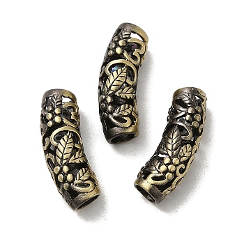 Tibetan Style Rack Plating Brass Beads, Curved Tube with Leaf, Long-Lasting Plated, Antique Bronze, 23x8mm, Hole: 5mm
