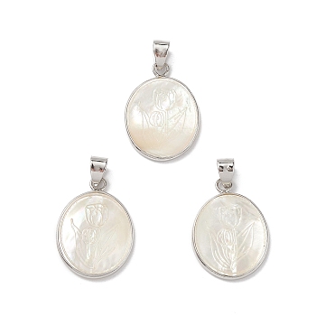Natural White Shell Pendants, Oval Charms with Flower, with Brass Findings, Cadmium Free & Lead Free, Platinum, 25x17.5x2mm, Hole: 6x4mm