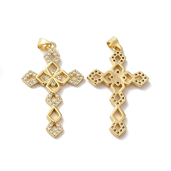 Rack Plating Brass Micro Pave Clear Cubic Zirconia Pendants, Long-Lasting Plated, Lead Free & Cadmium Free, Cross Charm, Religion, Real 18K Gold Plated, 38.5x23.5x2.5mm, Hole: 5x3.5mm