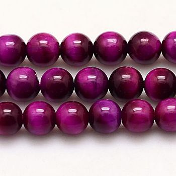 Natural Tiger Eye Beads Strands, Grade A+, Dyed & Heated, Round, Fuchsia, 6mm, Hole: 1mm, about 65pcs/strand, 15.75 inch