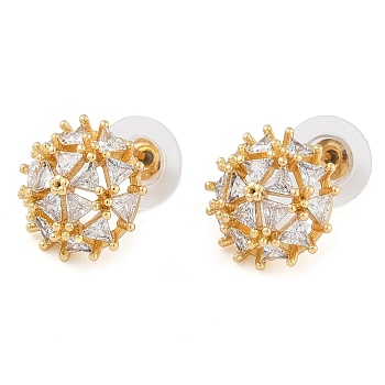 Brass Pave Clear Cubic Zirconia Stud Earrings for Women, Round, Real 18K Gold Plated, 15mm