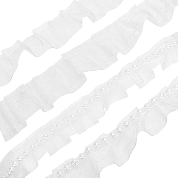 WADORN 4Pcs 4 Styles Double & Single Layer Chinlon Lace Trim Fabric, Pleated Trimming, with ABS Plastic Beads, for DIY Decorative Clothing Sewing, White, 25~35mm, 1.5~6.3mm, about 2 yards/pc, 1pc/style