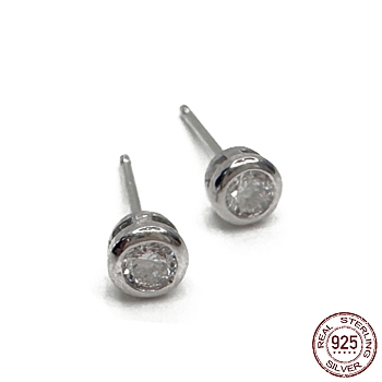 Rhodium Plated 925 Sterling Silver Column Stud Earrings, with Clear Cubic Zirconia, with S925 Stamp, Real Platinum Plated, 4.3mm