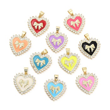 Rack Plating Brass Micro Pave Cubic Zirconia Pendants, with Enamel, Long-Lasting Plated, Lead Free & Cadmium Free, Real 18K Gold Plated, Heart with Bowknot, Mixed Color, 20.5x20x3.5mm, Hole: 5x3.5mm