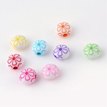 Craft Style Acrylic Corrugated Beads, Flat Round Carved Flower, Mixed Color, 9.5x10x6.2mm, Hole: 2.5mm, about 1540pcs/500g