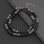 Natural Black Onyx(Dyed & Heated) Round and Lava Rock Column Beaded Necklaces for Men, Platinum, 17.72 inch(45cm)(AD4538-1)