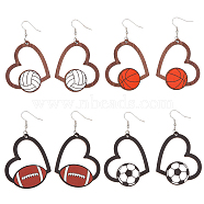 4 Pairs 4 Styles Sport Theme Wood Heart Dangle Earrings for Women, 304 Stainless Steel Earrings, Basketball & Football & Volleyball, Mixed Color, 74.5~76x44mm, 1 Pair/style(EJEW-FI0001-55)