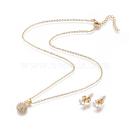 304 Stainless Steel Jewelry Sets, Brass Micro Pave Cubic Zirconia Pendant Necklaces and 304 Stainless Stud Earrings, with Plastic Ear Nuts/Earring Back, Flower, Clear, Golden, 17.52 inch(44.5cm), 1.5mm, 15x5.5mm, Pin: 0.7mm(SJEW-F214-02G)