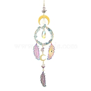 Brass Cable Chains Pendant Decorations, 201 Stainless Steel and Glass Pendant, with Natural Gemstone, Feather Shape, for Home Decorations, Rainbow Color, 302mm(HJEW-TA00151)