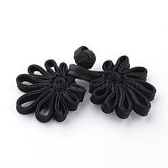 Handmade Chinese Frogs Knots Buttons Sets, Polyester Button, Flower, Black, 68~88x31~34x6~7mm(BUTT-S020-01A)