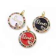 Brass Micro Pave Cubic Zirconia Pendants, with Enamel, Flat Round with Heart & Word Love, For Valentine's Day, Golden, Mixed Color, 21.5x19x3mm, Hole: 3.5mm(KK-G363-28G)
