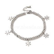 304 Stainless Steel Snowflake Charm Bracelet with 201 Stainless Steel Round Beads for Women, Stainless Steel Color, 8-7/8 inch(22.4cm)(BJEW-B057-14P)
