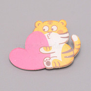 Tiger with Heart Chinese Zodiac Acrylic Brooch, Lapel Pin for Chinese Tiger New Year Gift, White, Pink, 32.5x45.5x7mm(JEWB-WH0022-04)