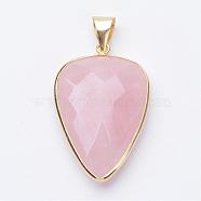 Faceted Natural Rose Quartz Pendants, with Golden Tone Brass Findings, teardrop, 40x27x7~9mm, Hole: 4x5mm(G-F340-02B)