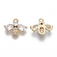 Brass Micro Pave Cubic Zirconia Charms, Nickel Free, Bee, Clear, Real 18K Gold Plated, 11.5x14x3.5mm, Hole: 1.4mm(KK-S354-144-NF)