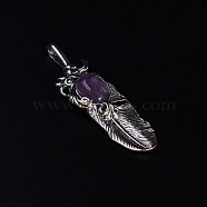 Natural Amethyst Big Pendants, Platinum Plated Alloy Feather Charms, 60x18mm(FIND-PW0015-26A)
