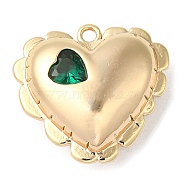 Brass Pendants, with Glass, Nickel Free, Heart Charms, Real 18K Gold Plated, Green, 15.5x16.5x6.5mm, Hole: 1.2mm(KK-C028-25G-04)