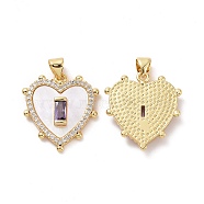 Brass Micro Pave Cubic Zirconia Pendants, with Shell, Heart Charms, Lilac, 23x21x4mm, Hole: 3.5x4.5mm(ZIRC-F134-22G-02)