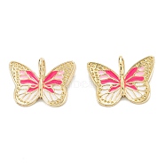 Brass Enamel Pendants, Real 18K Gold Plated, Long-Lasting Plated, Butterfly, Hot Pink, 16.5x22x5mm, Hole: 5x3mm(X-KK-M220-05G-C)
