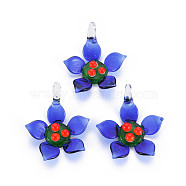Handmade Lampwork Pendants, Flower, Blue, 40~42x33~35x13~15mm, Hole: 3~5mm(LAMP-T007-022)