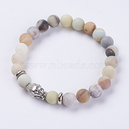 Natural Flower Amazonite Beads Stretch Bracelets, with Alloy Finding, Frosted, Buddha's Head, Antique Silver, 2-1/8 inch(55mm)(BJEW-E325-D02-F)