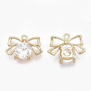 Cubic Zirconia Charms, Real 18K Gold Plated, with Brass Findings, Bowknot, Clear, 13x16x5mm, Hole: 1.2mm(KK-S348-059)