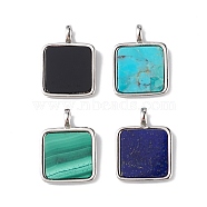 Natural Mixed Stone Pendants, Square Charms with Rack Plating Platinum Tone Brass Findings, Lead Free & Cadmium Free, 16~16.5x12x1.5mm, Hole: 1.5x2mm(G-F739-04P)