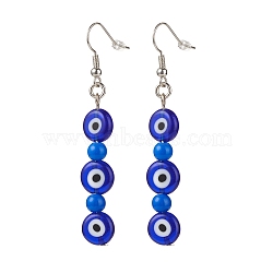 Lampwork Evil Eye & Acrylic Beaded Dangle Earrings, Brass Jewelry for Women, Blue, 65mm, Pin: 0.7mm(EJEW-JE04972-01)