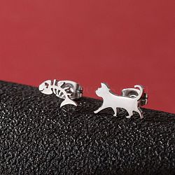 Stainless Steel Stud Earrings for Women, Left and Right, Cat, Stainless Steel Color, 6~12x5~11mm(PW-WGFE412-02)