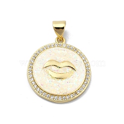 Brass Micro Pave Clear Cubic Zirconia Pendants, with Sythetic Opal, Flat Round, Real 18K Gold Plated, Lip, 21.5x19.5x2.5mm, Hole: 4x3.5mm(KK-A221-28B-G)