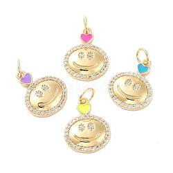 Brass Micro Pave Clear Cubic Zirconia Pendants, with Enamel, Cadmium Free & Lead Free, Flat Round with Smiling Face, Real 18K Gold Plated, 19x15x3mm(KK-A157-02G)