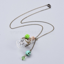 Pendant Necklaces, with Skull Synthetic Howlite Beads, Rose Flower Resin Beads, Glass Bottles and Antique Bronze Plated Brass Cable Chains, for Blood Vial Necklace Making, Green, 18.11 inch(46cm)(NJEW-JN02713-03)