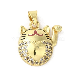 Rack Plating Brass Micro Pave Cubic Zirconia Pendants, with Enamel, Long-Lasting Plated, Cadmium Free & Lead Free, Lucky Cat Charm, Real 18K Gold Plated, 18x16x5mm, Hole: 4x3mm(KK-C052-23G)