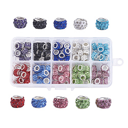 Polymer Clay Rhinestone European Beads, Large Hole Beads, with Silver Color Plated Brass Cores, Rondelle, Mixed Color, 11~12x7~7.5mm, Hole: 5mm, 10pcs/color, 100pcs/box(FPDL-JP0001-01)
