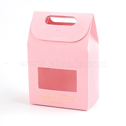 Rectangle Paper Bags with Handle and Clear Rectangle Shape Display Window, for Bakery, Cookie, Candies, Gift Bag, Pink, 6x10x15.4cm(CON-D006-01B-04)