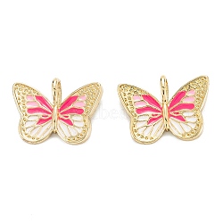 Brass Enamel Pendants, Real 18K Gold Plated, Long-Lasting Plated, Butterfly, Hot Pink, 16.5x22x5mm, Hole: 5x3mm(X-KK-M220-05G-C)