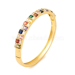 Brass Pave Colorful Cubic Zirconia Hinged Bangles for Women, Real 18K Gold Plated, Rectangle, Inner Diameter: 2-3/8 inch(5.9cm), 7mm(BJEW-S147-33G-B)