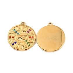 Ion Plating(IP) 304 Stainless Steel Pendants, with Colorful Rhinestone, Flat Round with Snake Charm, Real 18K Gold Plated, 25x22.5x2.5mm, Hole: 1.6mm(STAS-D051-02G)