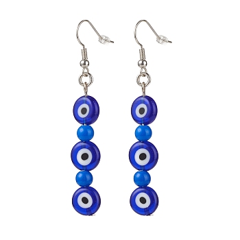 Lampwork Evil Eye & Acrylic Beaded Dangle Earrings, Brass Jewelry for Women, Blue, 65mm, Pin: 0.7mm