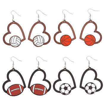 4 Pairs 4 Styles Sport Theme Wood Heart Dangle Earrings for Women, 304 Stainless Steel Earrings, Basketball & Football & Volleyball, Mixed Color, 74.5~76x44mm, 1 Pair/style